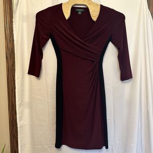 Lauren Ralph Lauren Size 6 Maroon Black Long Sleeve Faux Wrap Midi Dress Stretch